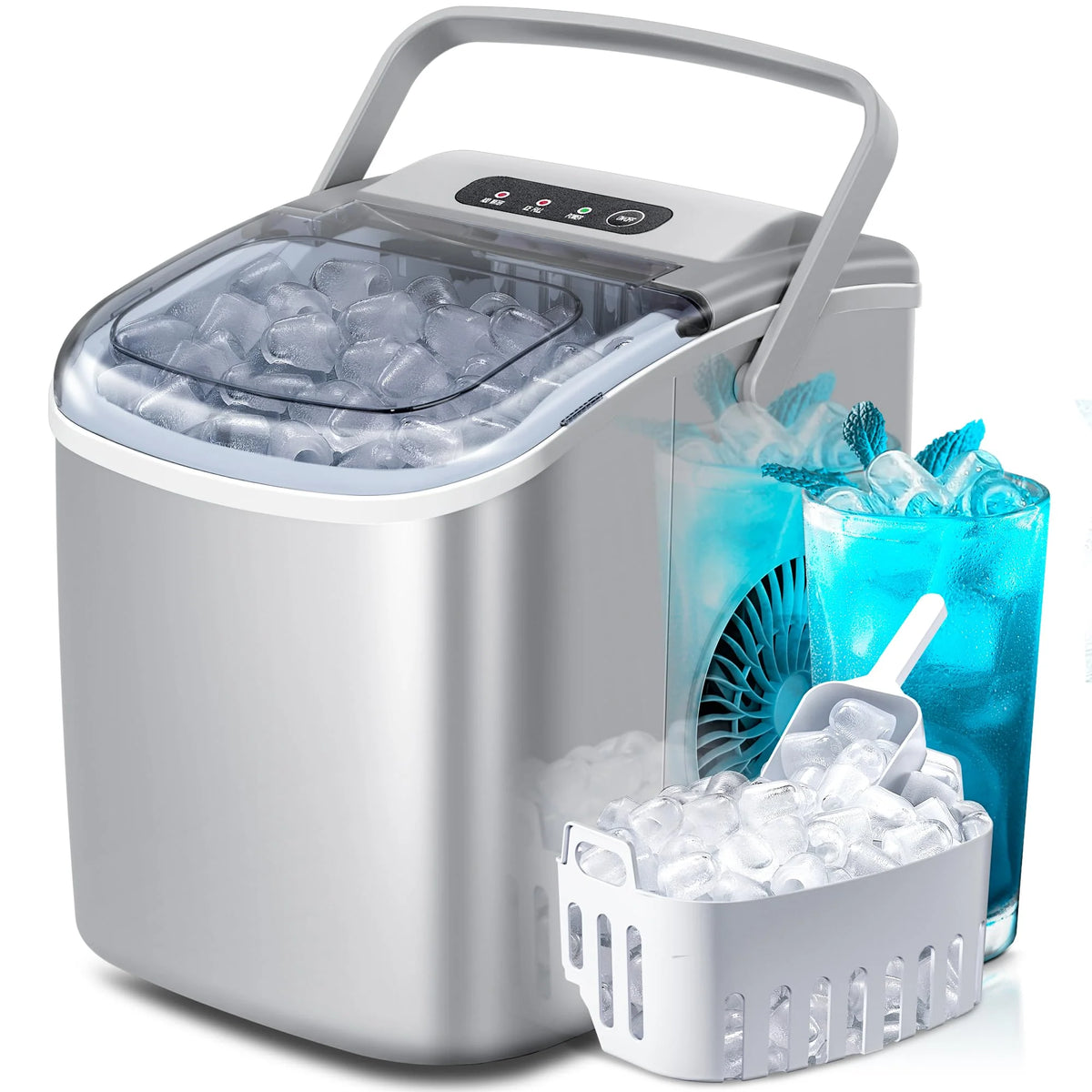 Crzoe Countertop Ice Maker Machine with Handle, 9 Bullet-Shaped Ice Cubes Ready in 6 Mins, 26Lbs/24H, Self-Cleaning Function with Ice Scoop and Basket for Home/Kitchen/Party (Grey) 1