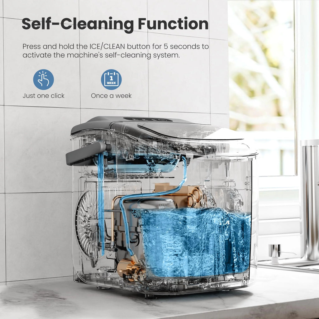 Crzoe Countertop Ice Maker Machine with Handle, 9 Bullet-Shaped Ice Cubes Ready in 6 Mins, 26Lbs/24H, Self-Cleaning Function with Ice Scoop and Basket for Home/Kitchen/Party (Grey) 1