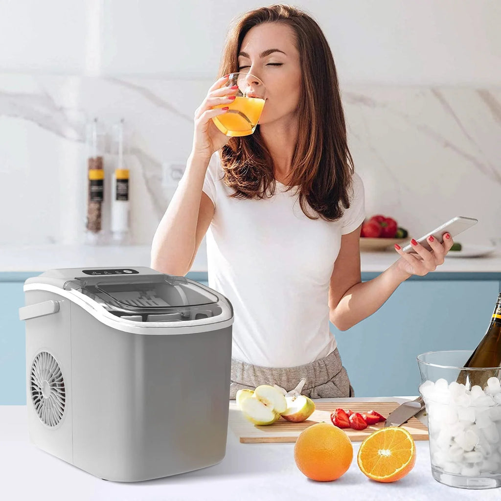 Crzoe Countertop Ice Maker Machine with Handle, 9 Bullet-Shaped Ice Cubes Ready in 6 Mins, 26Lbs/24H, Self-Cleaning Function with Ice Scoop and Basket for Home/Kitchen/Party (Grey) 1