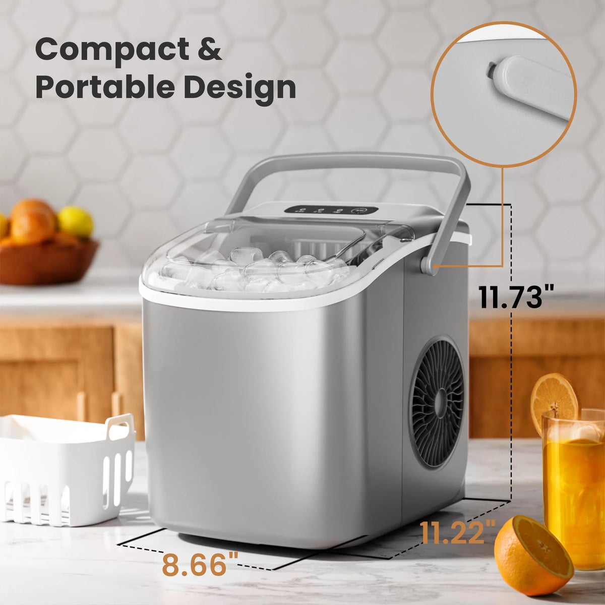 Crzoe Countertop Ice Maker Machine with Handle, 9 Bullet-Shaped Ice Cubes Ready in 6 Mins, 26Lbs/24H, Self-Cleaning Function with Ice Scoop and Basket for Home/Kitchen/Party (Grey) 1