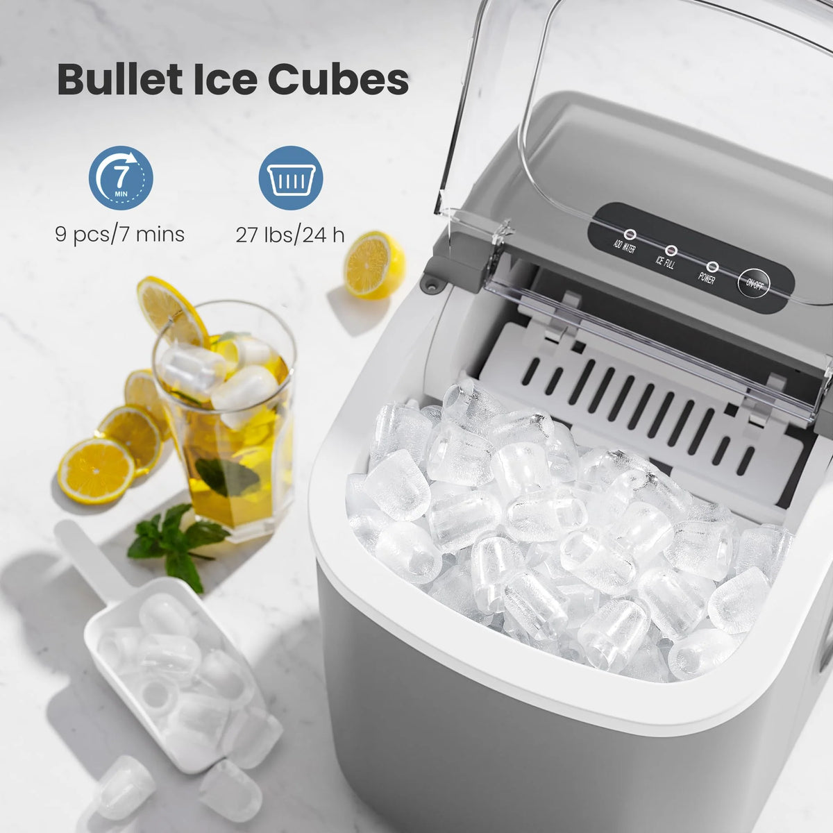 Crzoe Countertop Ice Maker Machine with Handle, 9 Bullet-Shaped Ice Cubes Ready in 6 Mins, 26Lbs/24H, Self-Cleaning Function with Ice Scoop and Basket for Home/Kitchen/Party (Grey) 1