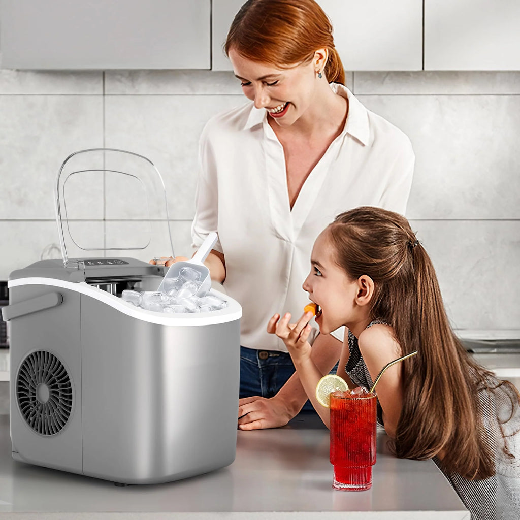 Crzoe Countertop Ice Maker Machine with Handle, 9 Bullet-Shaped Ice Cubes Ready in 6 Mins, 26Lbs/24H, Self-Cleaning Function with Ice Scoop and Basket for Home/Kitchen/Party (Grey) 1